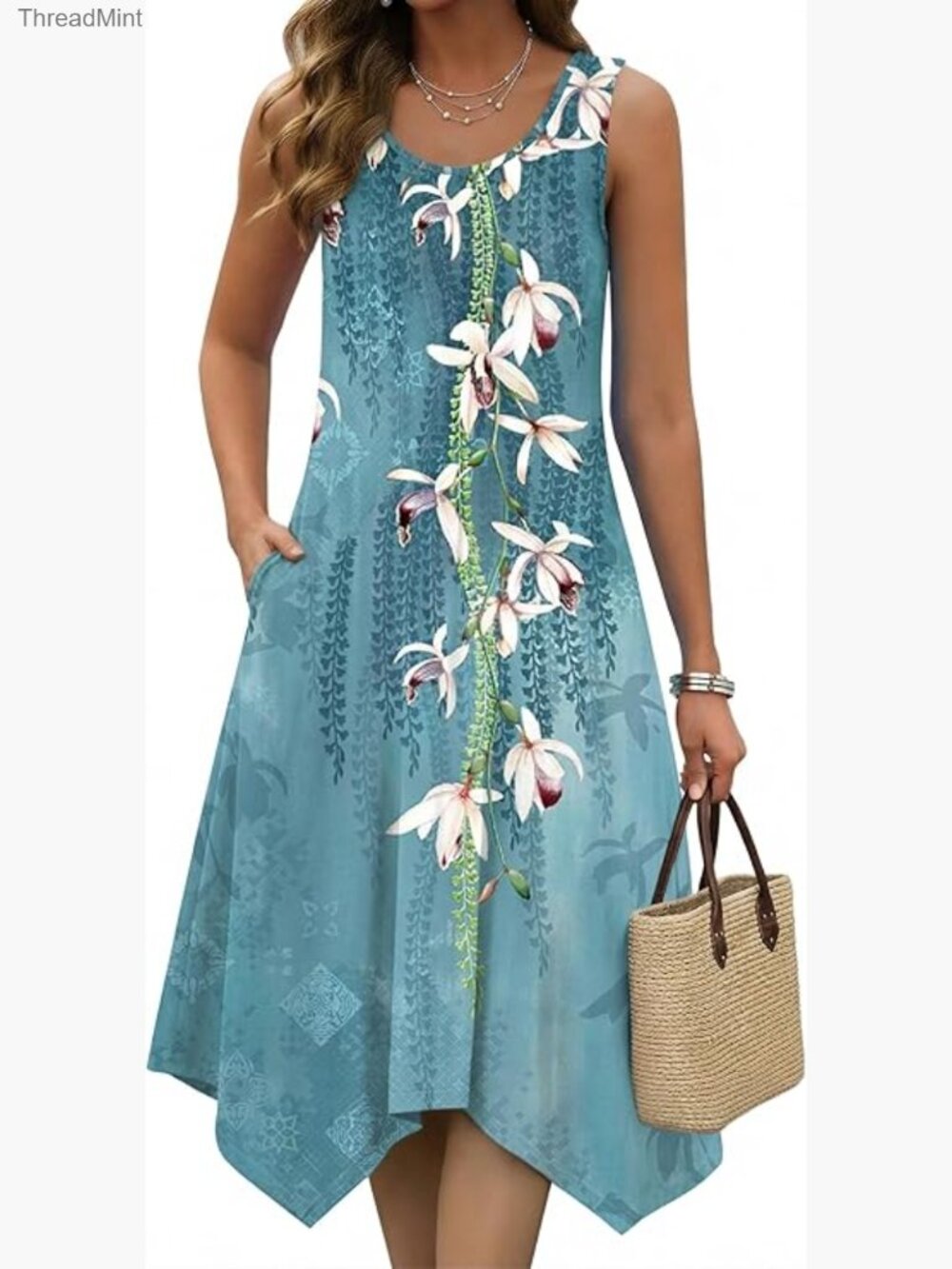 Sleeveless Midi Sundress with Pockets, Handkerchief Hem, Floral Print